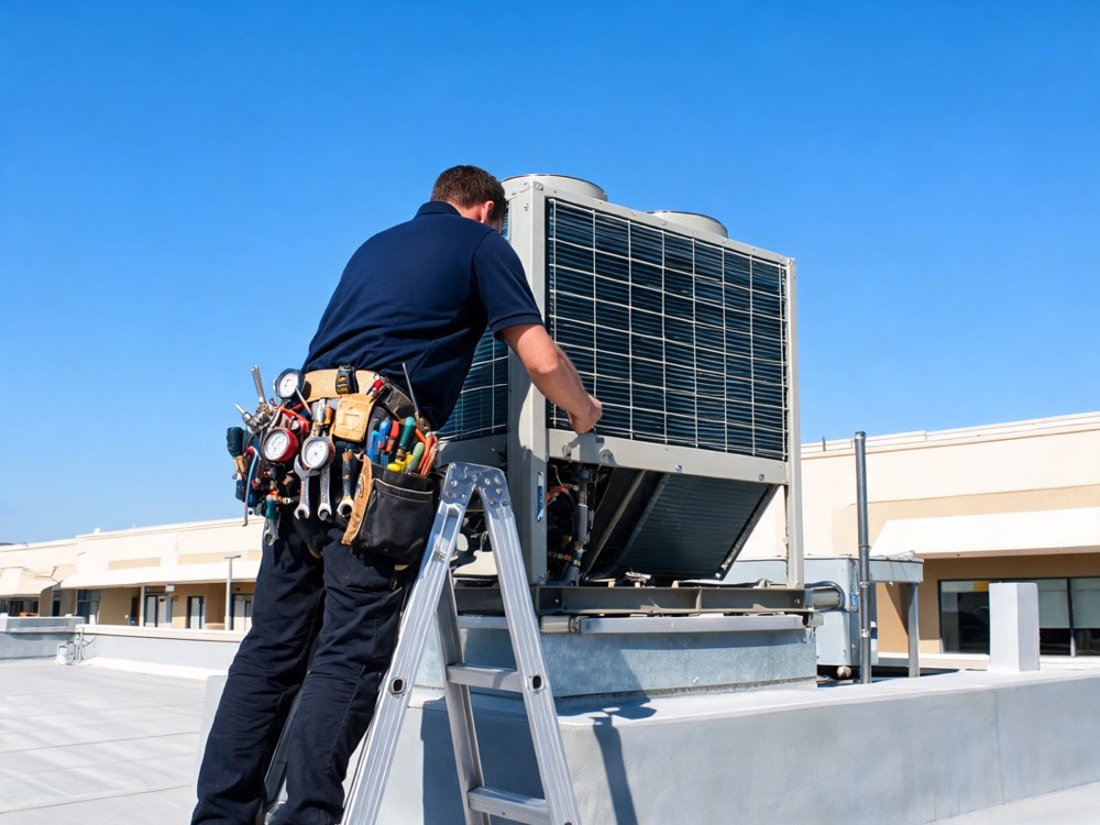 Technicien NeoClim intervenant sur une unité de climatisation en toiture d'un bâtiment professionnel