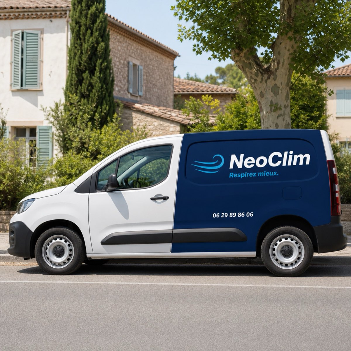 Camionnette NeoClim floquée, garée dans une rue typique du Var